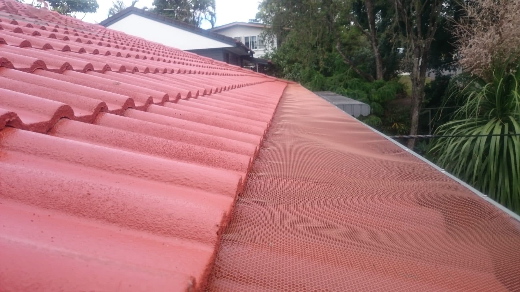 Gutter guard on a red tile roof above a South East Queensland street