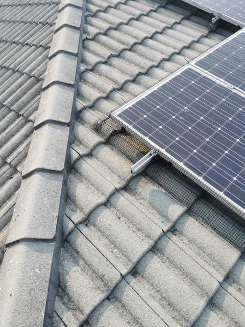 Gutter guard installed alongside rooftop solar panels on a tile roof